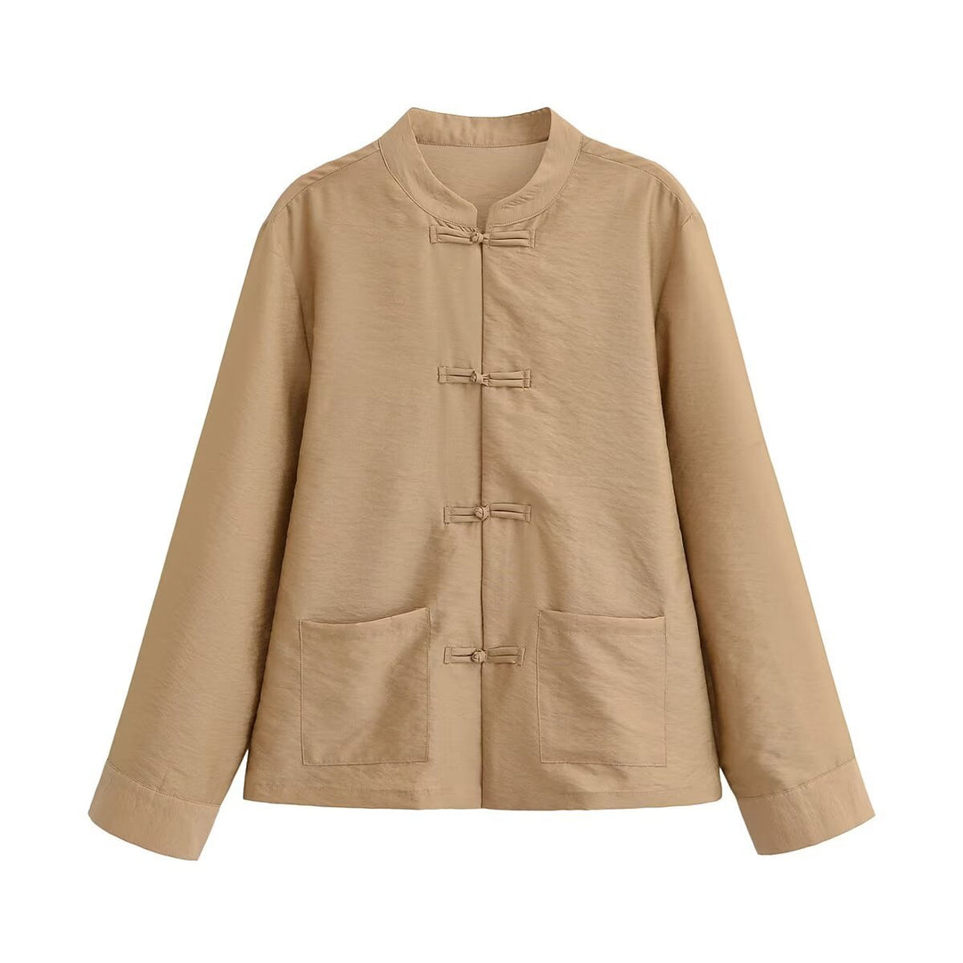 Damen Locker geschnittene Jacke mit Mandarinkragen und Knotenverschlüssen Drune