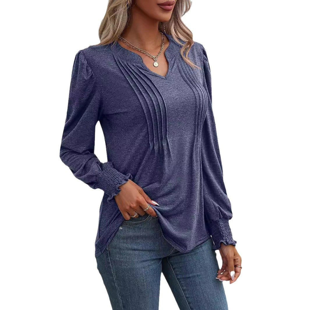 Damen nan Langarmshirt mit V-Ausschnitt, dekorativen Kellerfalten vorn und elastischen Smokbündchen Drune