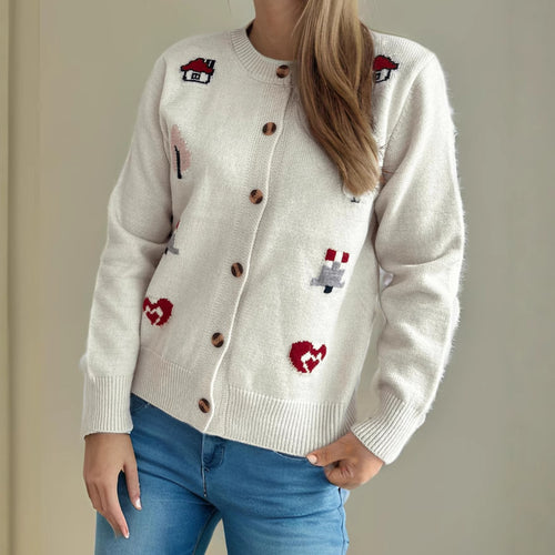 Damen Strickjacke mit bunten Applikationen und Knopfverschluss Drune