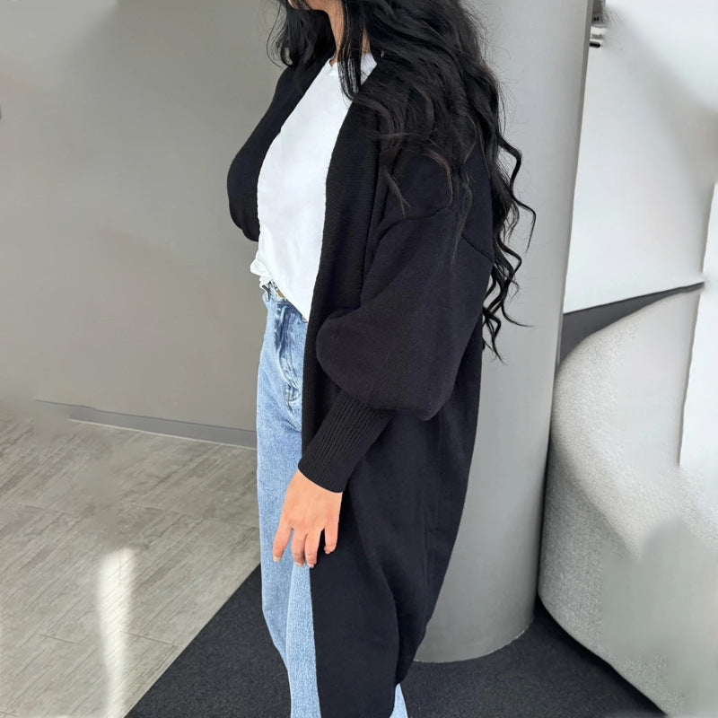 Damen Oversize-Longcardigan mit Volumenärmeln, offener Front und Eingrifftaschen Drune