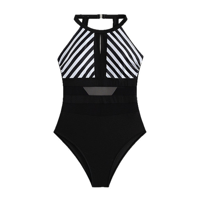 Damen Sportlicher Einteiler Badeanzug mit Netzdetails Drune