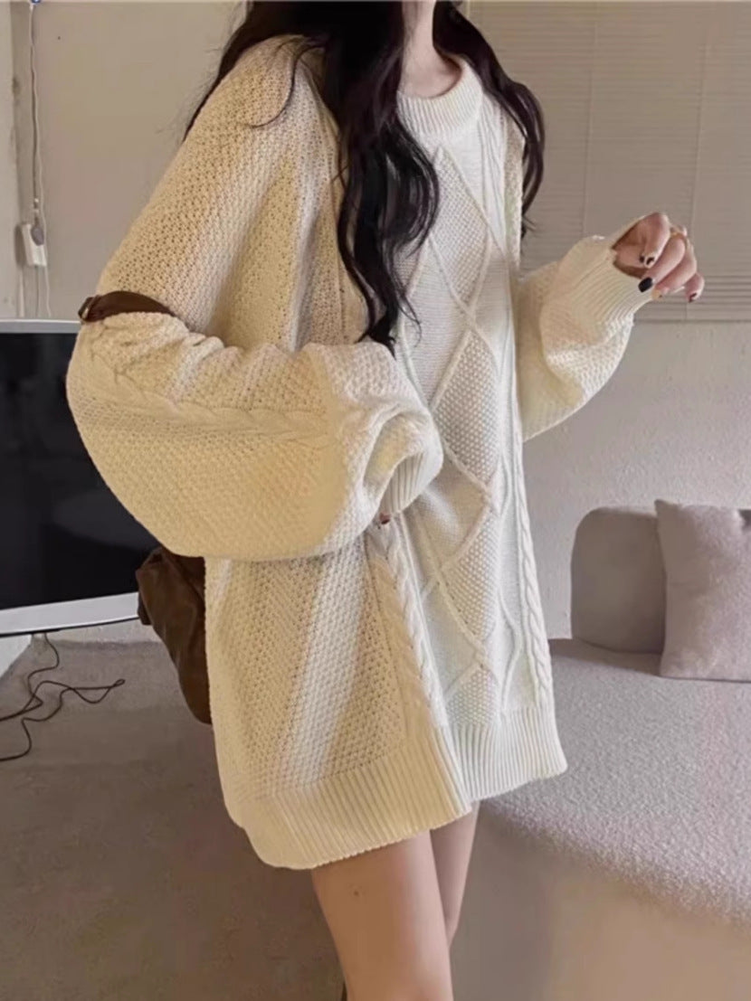 Damen Oversize Zopfmuster-Longpullover mit Rundhals und Ballonärmeln Drune