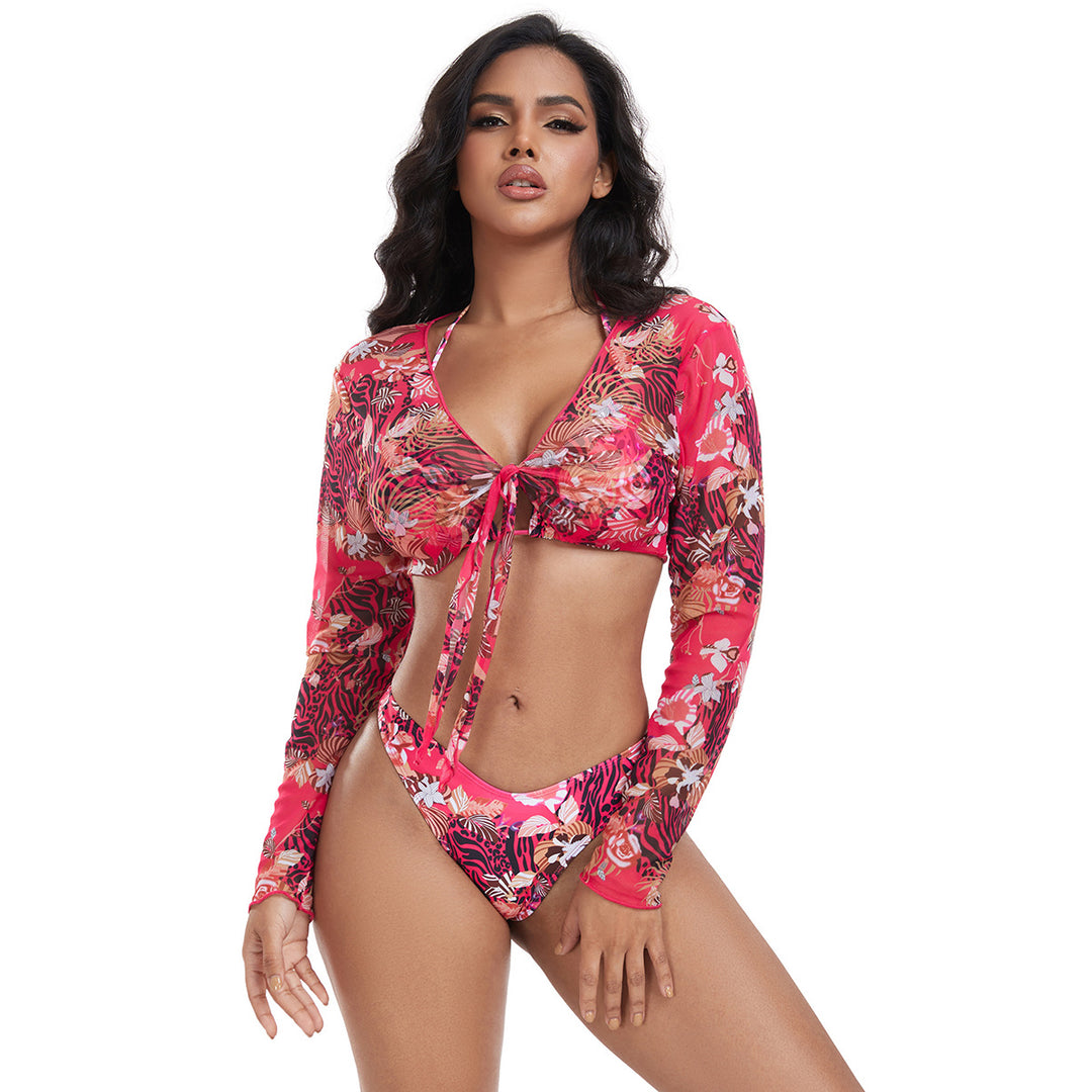 Damen Buntes Crop-Top mit langen Ärmeln und Knotendetail Drune