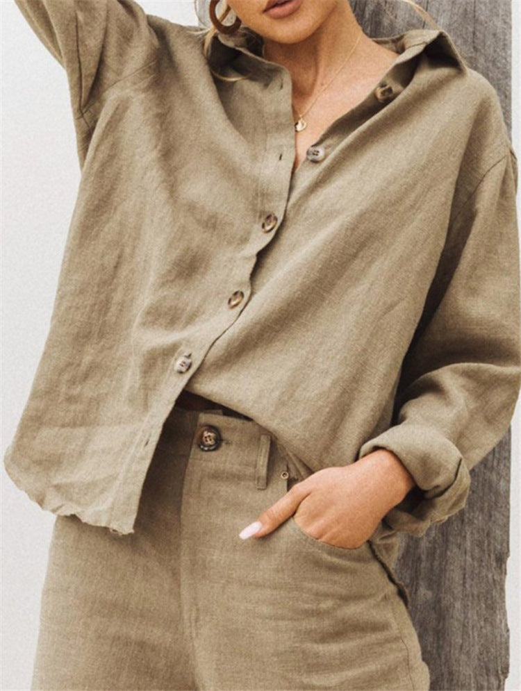 Damen lässige Leinenbluse mit Knopfleiste und weitem Schnitt Drune