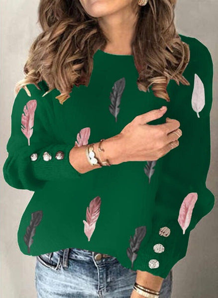 Damen Feinstrickpullover mit Federmotiv, Rundhalsausschnitt und dekorativer Knopfleiste Drune