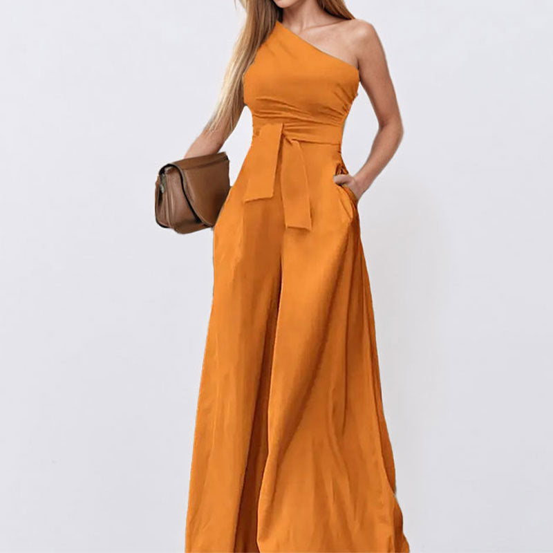 Damen Eleganter One-Shoulder Jumpsuit mit Taillengürtel und weiten Beinen Drune