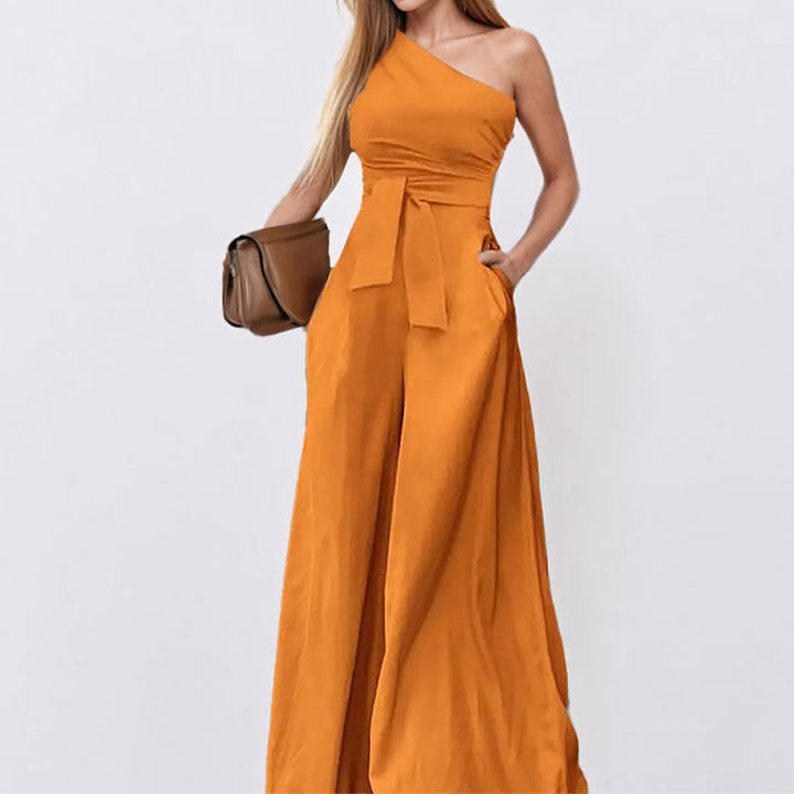 Damen Eleganter One-Shoulder Jumpsuit mit Taillengürtel und weiten Beinen Drune