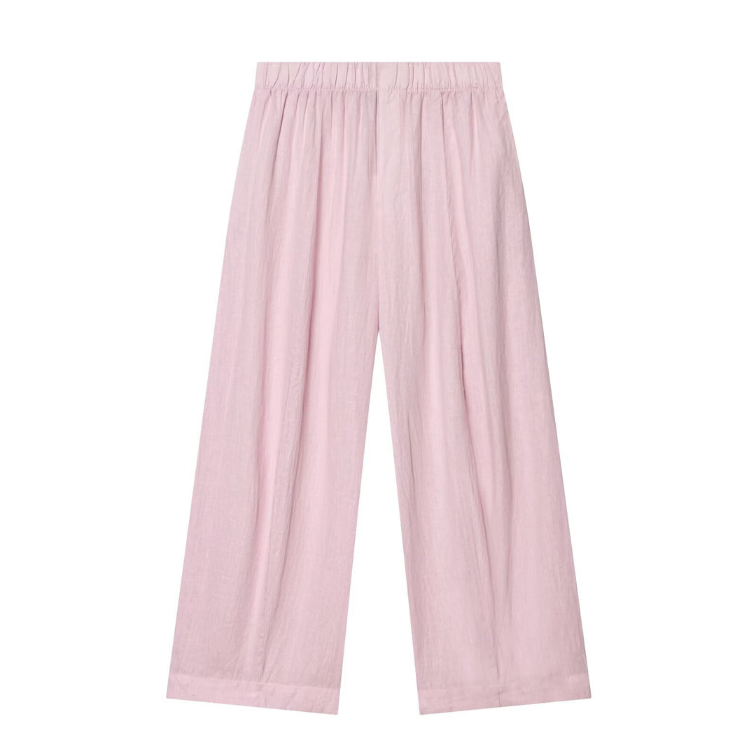 Damen Zweiteiliges Loungewear-Set aus Leinenoptik mit lockerem Pyjama‑Hemd und weiter Palazzo‑Hose Drune