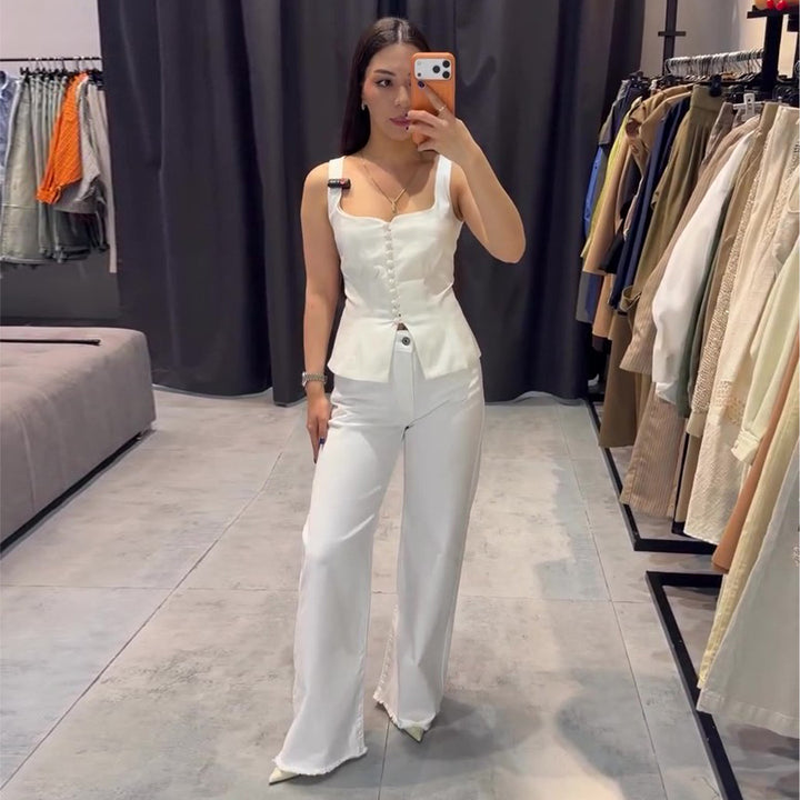 Damen Elegantes Top mit tailliertem Schnitt und dekorativen Knöpfen Drune