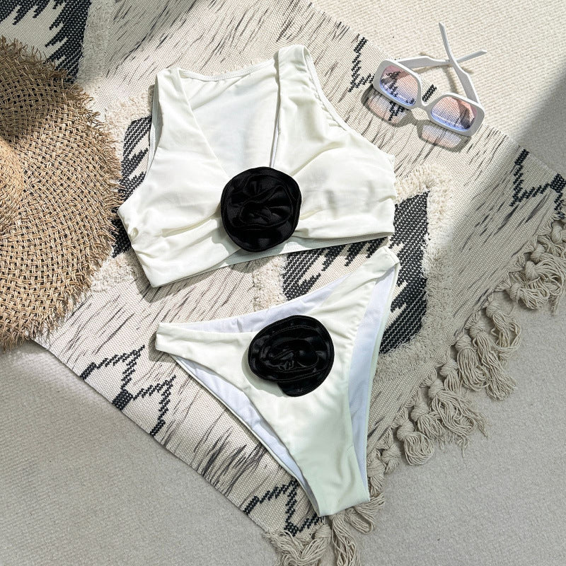 Damen Hochgeschnittenes Bikini-Set mit eleganter Blumenapplikation Drune