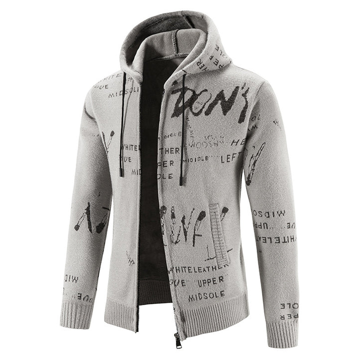 Herren Strick-Kapuzenjacke mit durchgehendem Reißverschluss, grafischem Allover-Print und Eingrifftaschen Drune