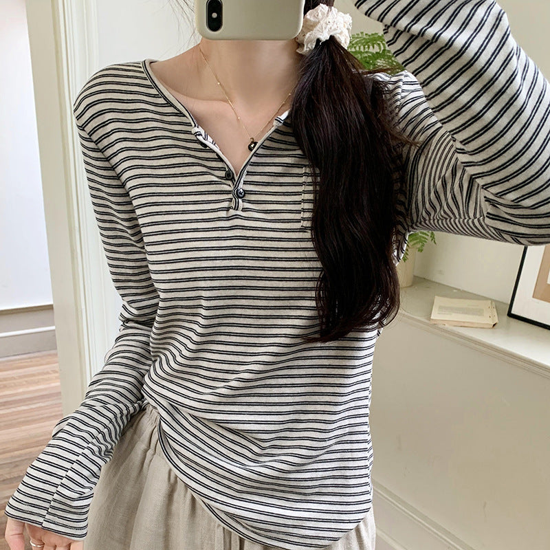 Damen modisches Langarmshirt mit Knopfleiste und Streifenmuster Drune