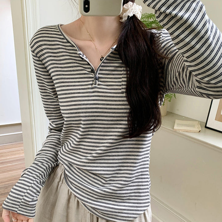 Damen modisches Langarmshirt mit Knopfleiste und Streifenmuster Drune