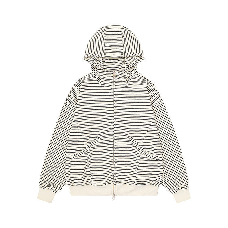 Unisex Gestreifte Kapuzen-Sweatjacke mit Reißverschluss und Kängurutaschen Drune