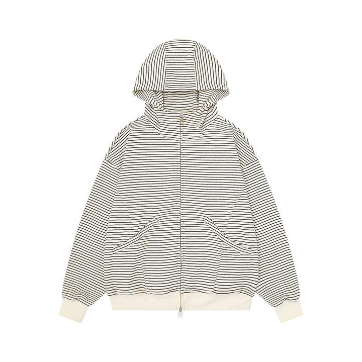 Unisex Gestreifte Kapuzen-Sweatjacke mit Reißverschluss und Kängurutaschen Drune