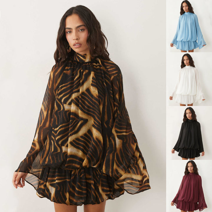 Damen Chiffon-Minikleid mit geraffter Blusentunika, Stehkragen und Volantrock Drune