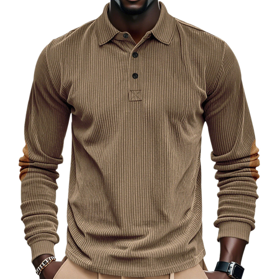 Herren nan geripptes Langarm-Poloshirt mit Henley-Knopfleiste und veloursähnlichen Ellbogenpatches Drune