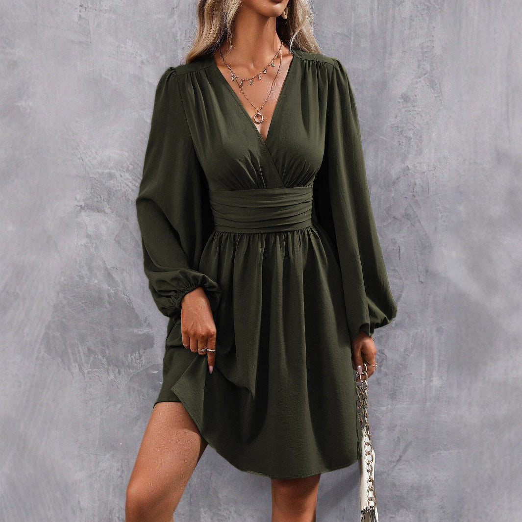 Damen Knielanges Wickelkleid mit eleganten Puffärmeln Drune