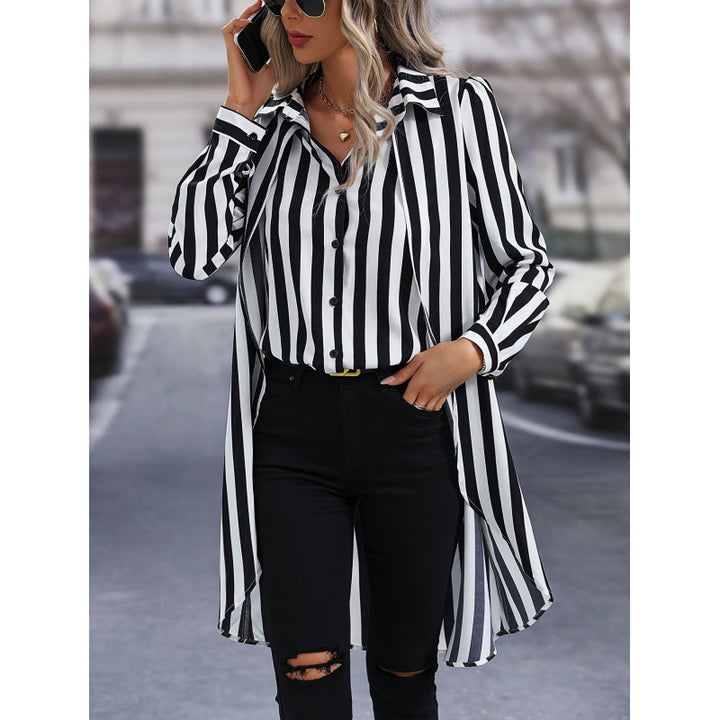 Damen Langarm Hemdbluse im modernen Streifenlook mit asymmetrischem Schnitt Drune