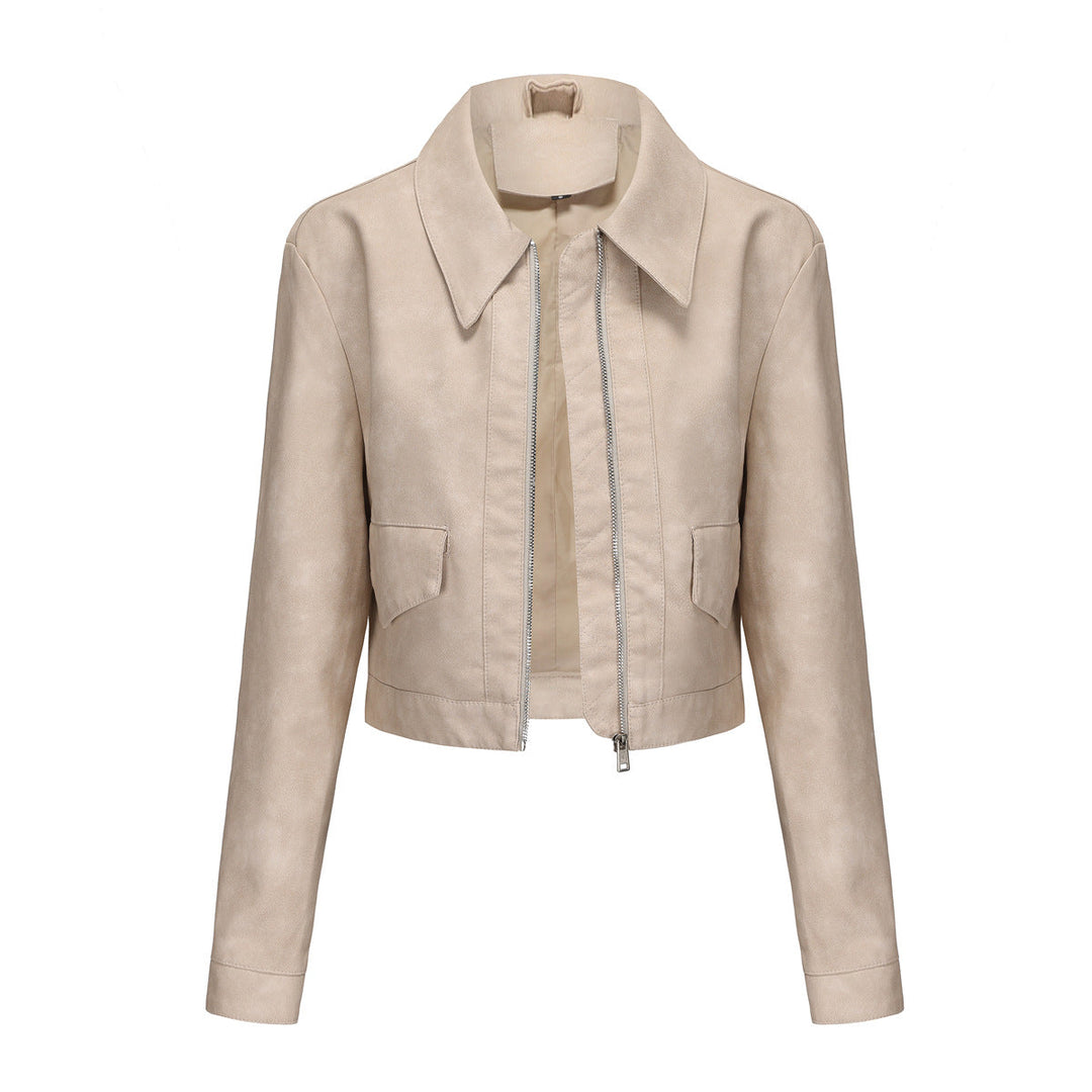 Damen modische cropped Kunstlederjacke mit klassischem Wellenkragen Drune