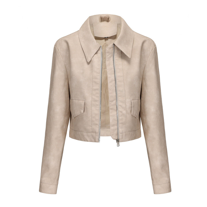 Damen modische cropped Kunstlederjacke mit klassischem Wellenkragen Drune