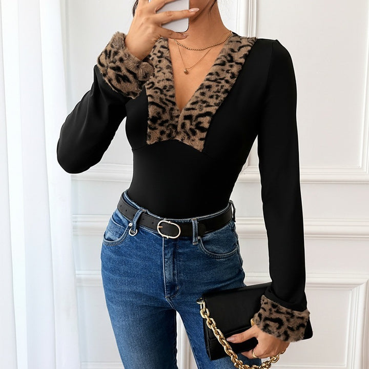Damen Elegantes Bodys mit Tierfellkragen Drune