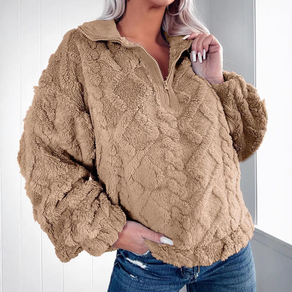 Damen Kuschelige Fleece-Pullover mit Reißverschluss und Wabenmuster Drune