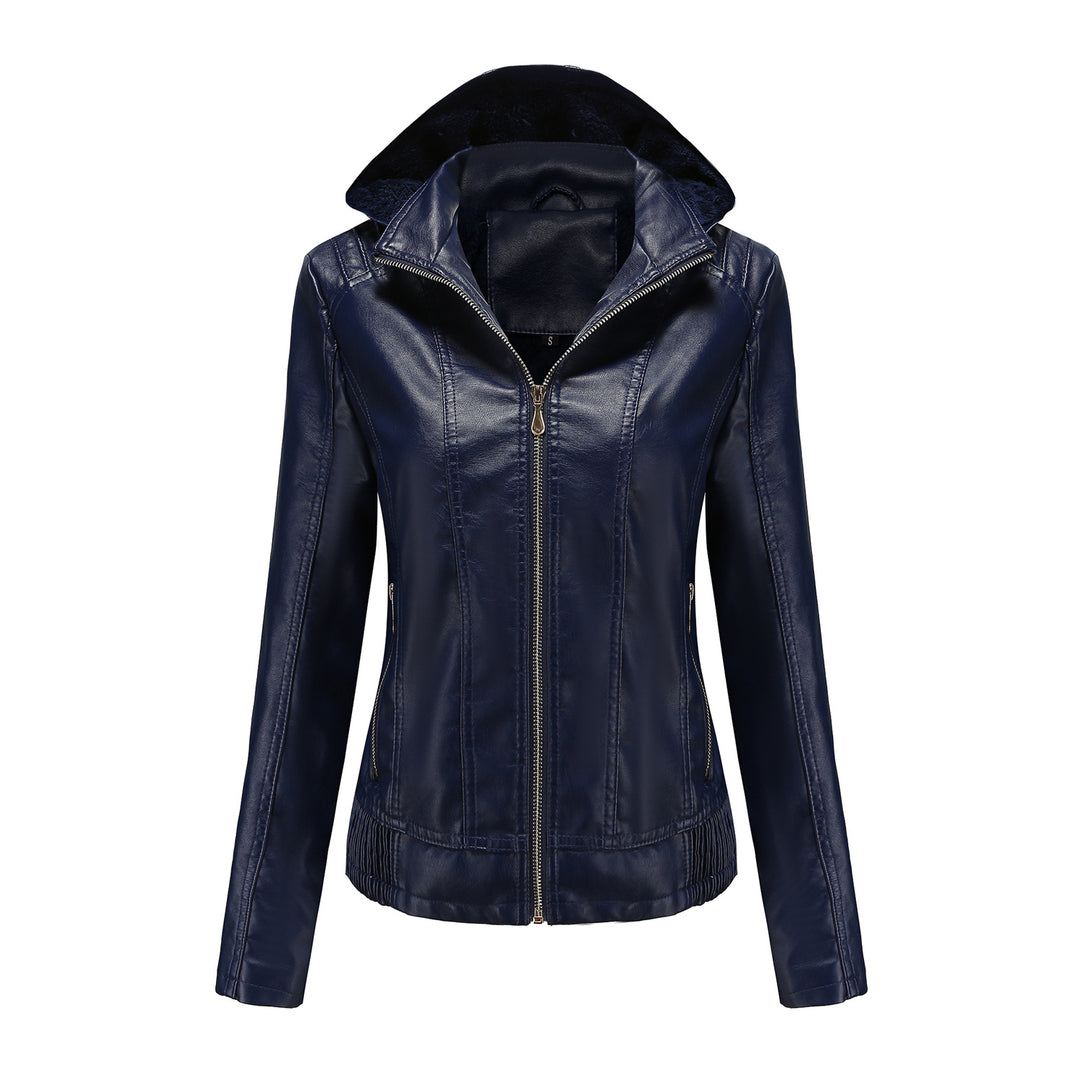 Damen nan taillierte Kunstlederjacke mit Kapuze, wattiertem Innenfutter und verdeckten Reißverschlusstaschen Drune
