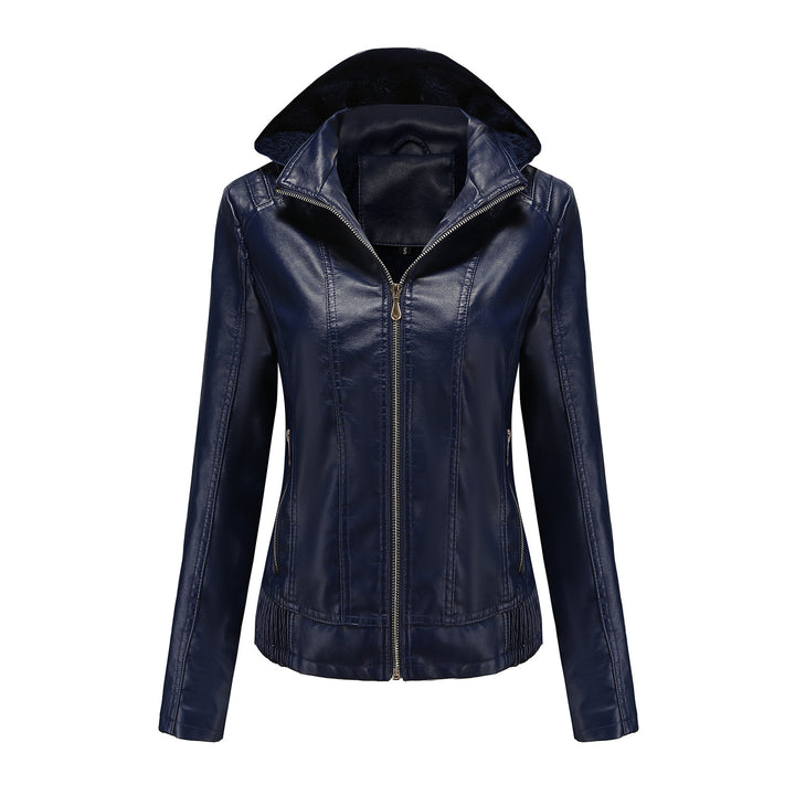 Damen nan taillierte Kunstlederjacke mit Kapuze, wattiertem Innenfutter und verdeckten Reißverschlusstaschen Drune