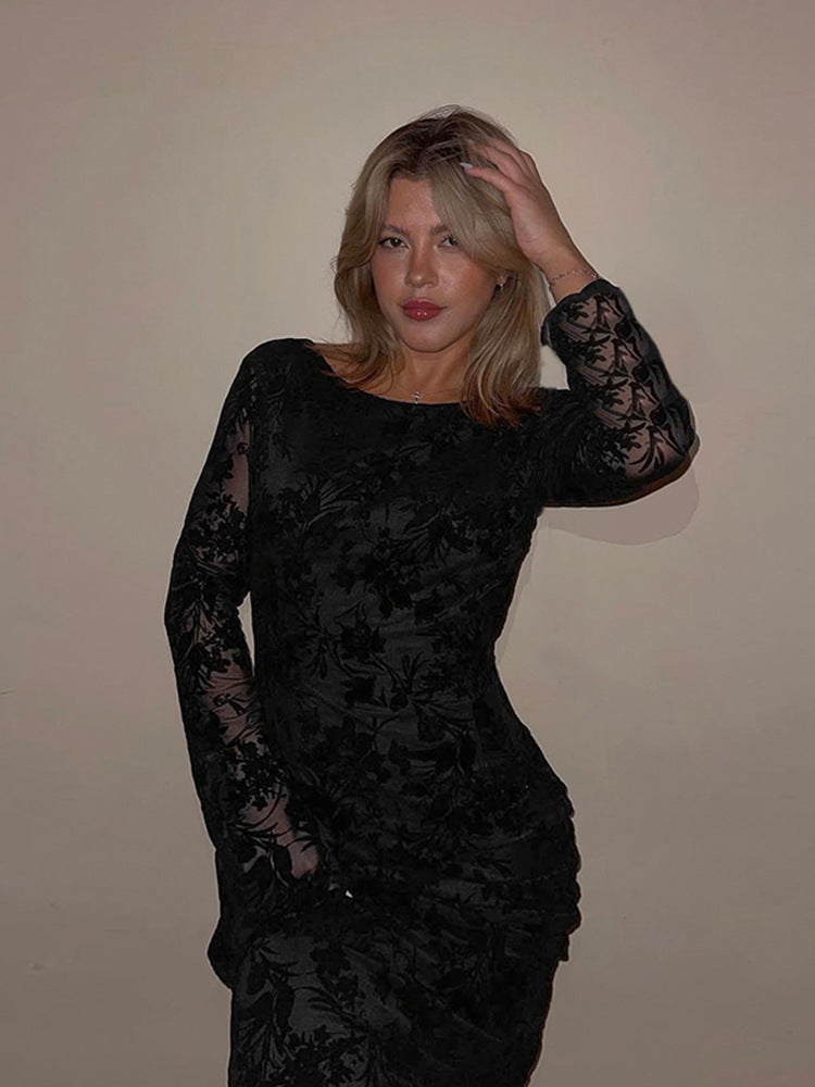 Damen Elegantes Maxikleid mit floralem Strukturdesign und langen Ärmeln Drune