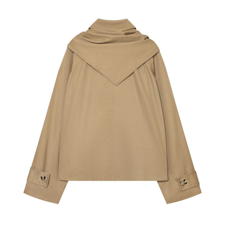 Damen Kurzgeschnittener Cape‑Trench mit integriertem Bindeschal und überschnittener Schulterpartie Drune
