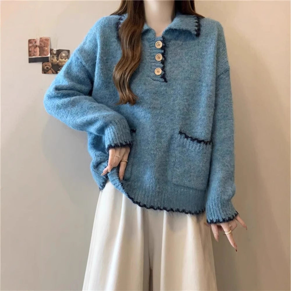Damen Strickpullover mit Kragen und Knopfdetails Drune