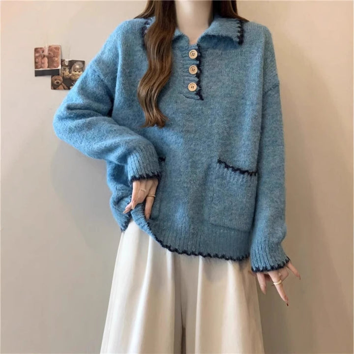 Damen Strickpullover mit Kragen und Knopfdetails Drune