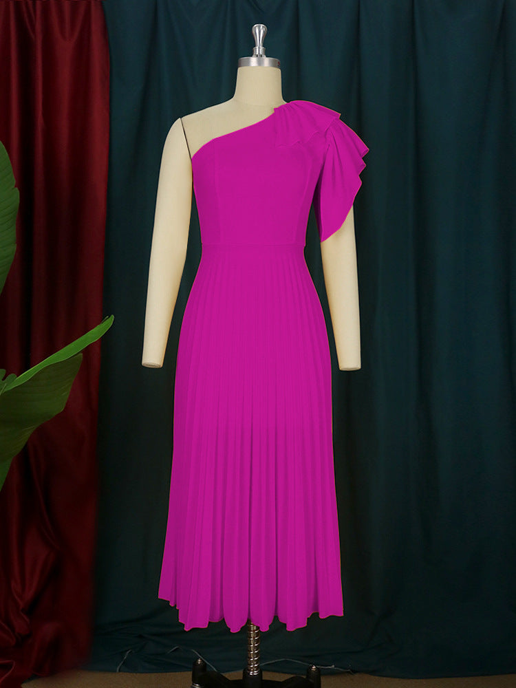 Damen Plissee Maxikleid mit asymmetrischem Träger und Rüschendetail Drune