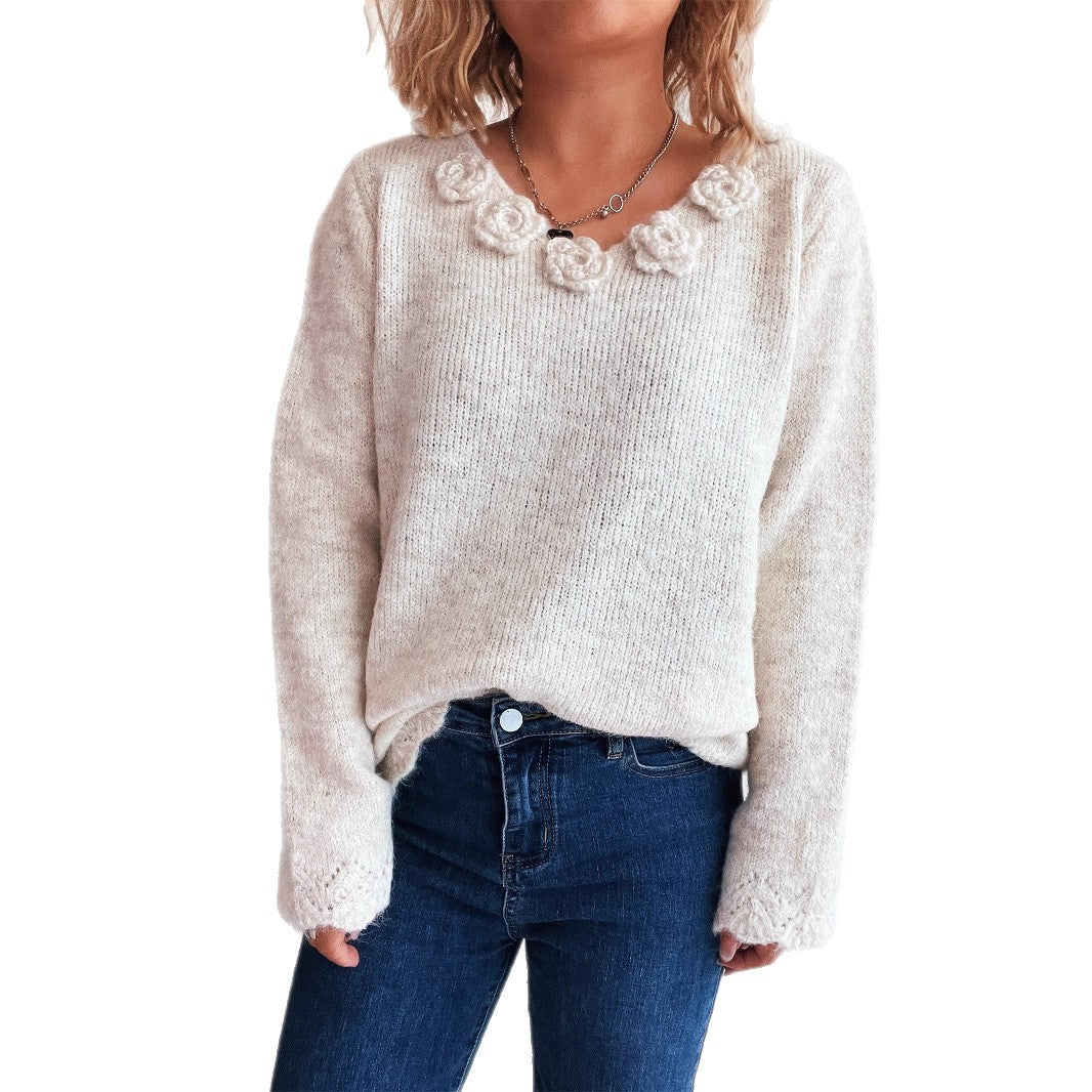 Damen Strickpullover mit floralen Akzenten Drune