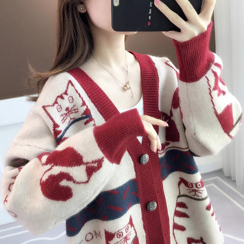 Damen Verspielte Cardigan mit Katzenmuster Drune