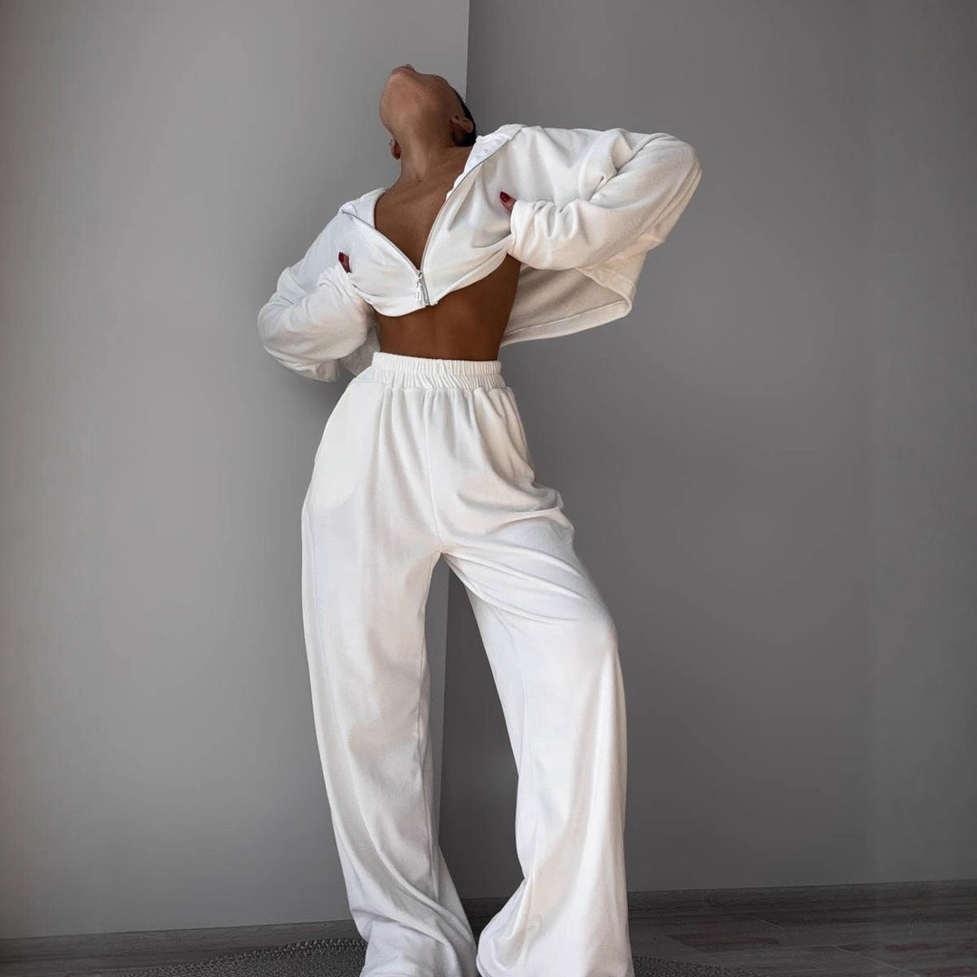 Damen kurzes Samt-Cropped-Zipshirt mit weitem High‑Waist Palazzo‑Hose Zweiteiler Drune