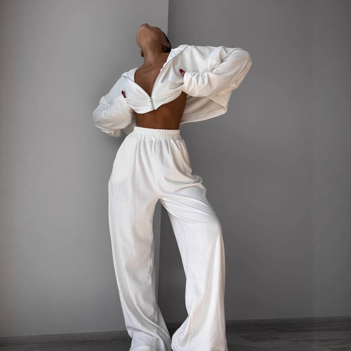 Damen kurzes Samt-Cropped-Zipshirt mit weitem High‑Waist Palazzo‑Hose Zweiteiler Drune