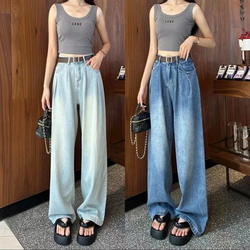 Damen Weit geschnittene Jeanshose mit hohem Bund Drune