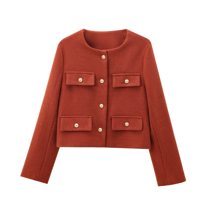 Damen nan kurz geschnittene Bouclé-Tweedjacke mit Rundhalsausschnitt Zierknopfdetails und aufgesetzten Pattentaschen Drune