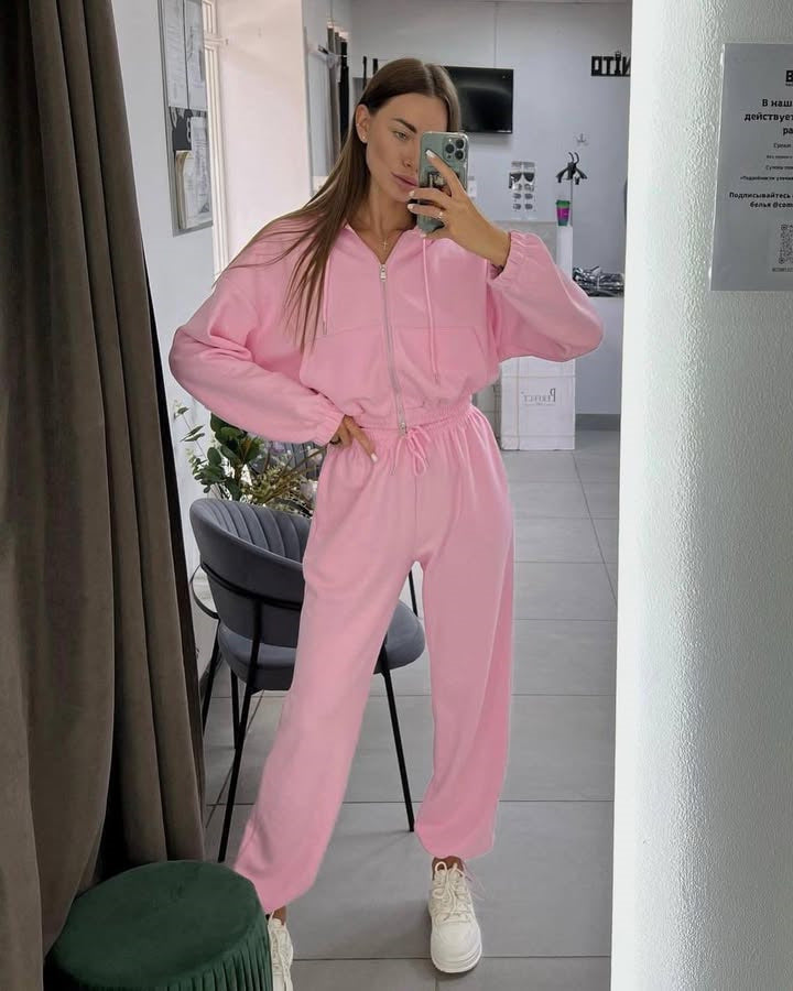 Damen kurzes Reißverschluss-Hoodie mit elastischem Bund und High-Waist Jogginghose aus Baumwollmix Drune