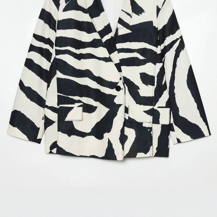 Damen Oversize-Blazer mit Zebra-Print, fallendem Revers und Pattentaschen Drune