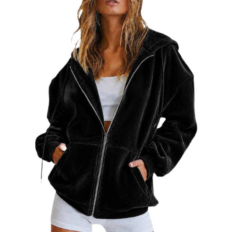 Damen Velours‑Zipjacke mit Kängurutaschen und Tunnelzugkapuze Drune