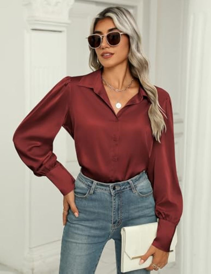 Damen Seidenoptik-Bluse mit Hemdkragen, verdeckter Knopfleiste und langen Manschetten Drune