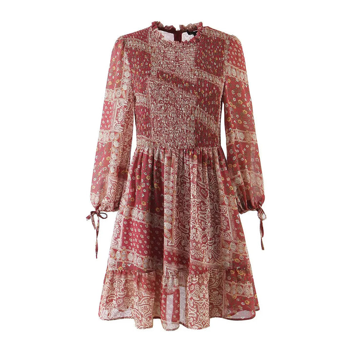 Damen nan geblümtes Boho Midi-Kleid mit Stufenrock und Rüschenkragen Drune