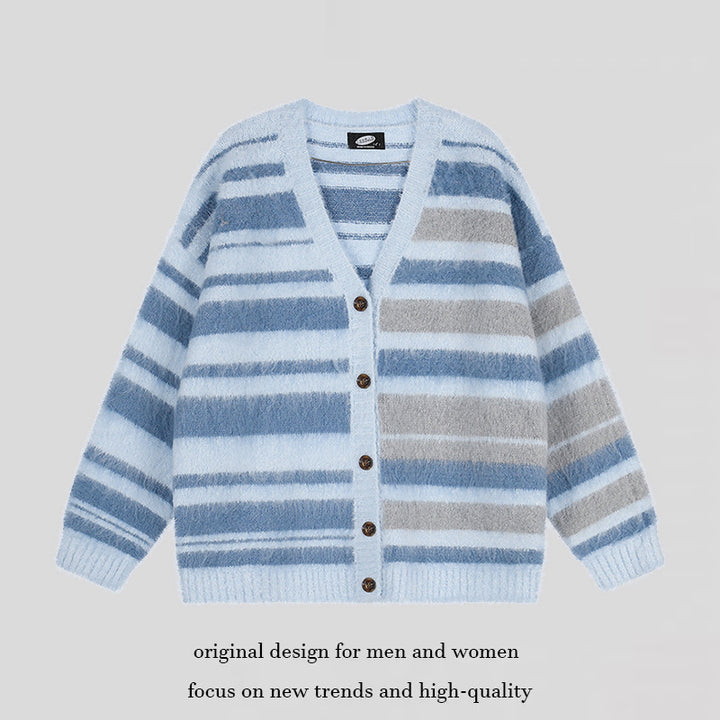 Damen Oversize-Strickjacke mit V‑Ausschnitt, kuscheliger Mohair‑Optik und gestreiftem Muster Drune