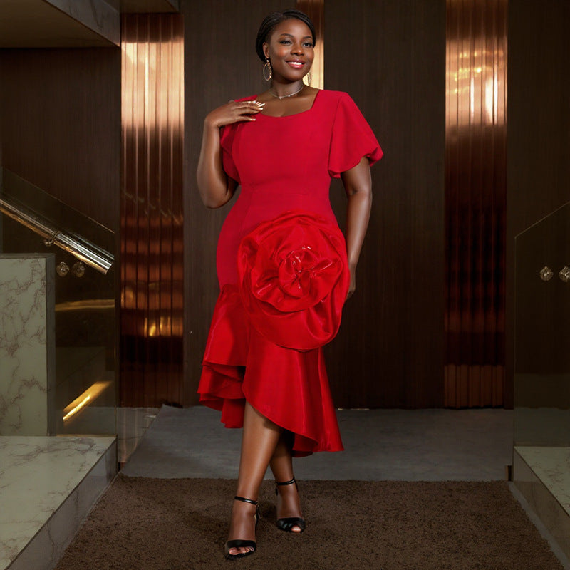Damen Anlasskleid mit voluminösem Blütenarrangement und schwingendem Saum Drune