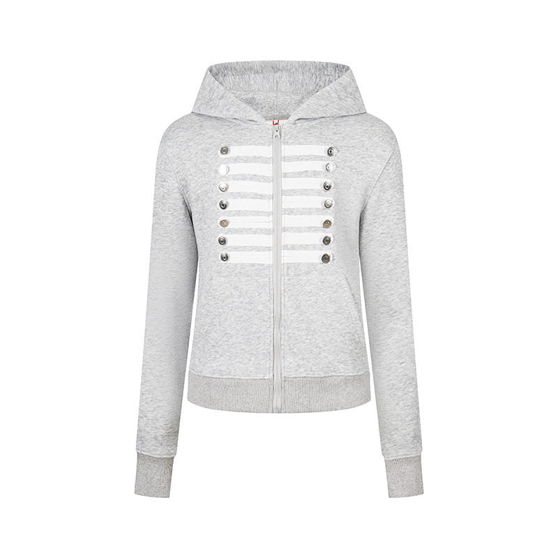 Damen Kapuzen-Sweatjacke mit dekorativer Militär‑Bortenleiste und Zierknöpfen Drune