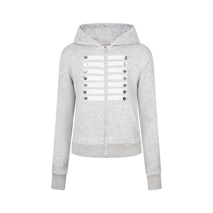 Damen Kapuzen-Sweatjacke mit dekorativer Militär‑Bortenleiste und Zierknöpfen Drune