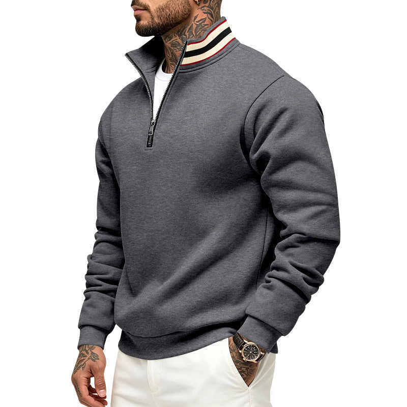 Herren Sweatshirt mit Halbreißverschluss und gestreiftem Stehkragen Drune